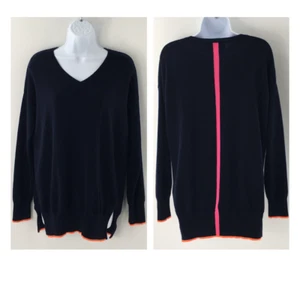 WYSE London Women Cashmere Sweater Blue V Neck Tunic Stripe Sz Wyze 1 / US 4 - Picture 1 of 12