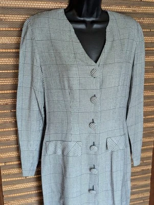 Vintage 80s 90s Petite 6 Black White Houndstooth Glen Plaid Buttons Midi Dress - Image 1 of 4