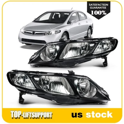 Pair Headlights Assembly For 2006-2011 Honda Civic Sedan 4-Door Black Housing - Image 1 of 4