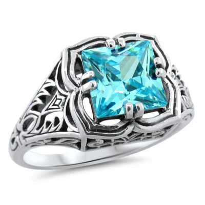 ANILLO SOLITARIO ESTILO ANTIGUO FILIGRANA PLATA ESTERLINA 925 AGUAMARINA CIRCONITA #1252 Foto 1 de 4