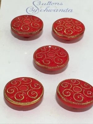 VTG Schwanda Buttons Red Gold Swirls Textured Shank W Germany 1/2" Set of 5 - Image 1 of 3