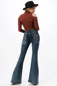 Grace in LA Women's Western Aztec Embroidered Flared Wide Leg Bell Bottom Jeans - Picture 1 of 3