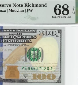2017A $100 RICHMOND FRN. PMG SUPERB GEM Uncirculated 68 EPQ Banknote. 2nd of 2 - Picture 1 of 3