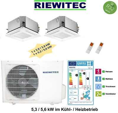 Dual MultiSplit Deckenkassetten 1x2,6 + 1x5,3 kW RIEWITEC Klimaanlage 5,3/5,6 kW - Bild 1 von 4