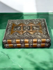 Vintage Embossed Copper And Silver Jewelry Box Elephant Motif Decorated - Picture 1 of 8
