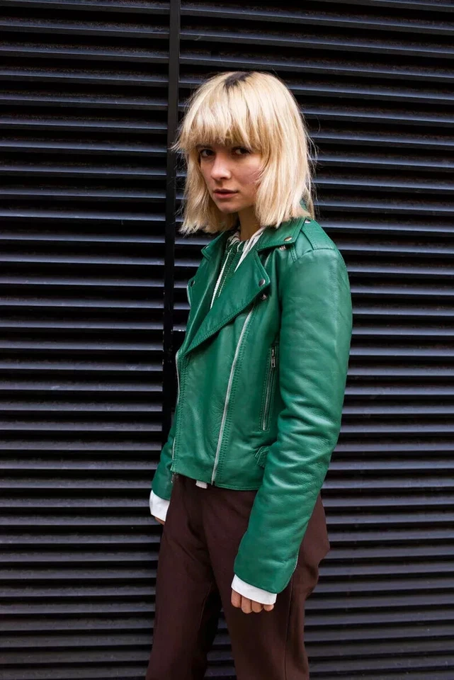 Elegante Chaqueta de Cuero de Cordero Genuino Verde Hecha a Mano Motociclista Moto Informal Foto 1 de 4