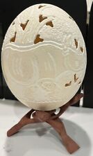 Vintage Collectible Hand Carved Ostrich Egg Rhinoceros Rhino Design Wood Base