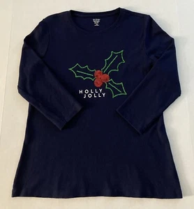 Mujer Niñas Navidad Vacaciones Top Kim Rogers Holly Jolly Camiseta Manga 3/4 Azul Marino PS - Imagen 1 de 6