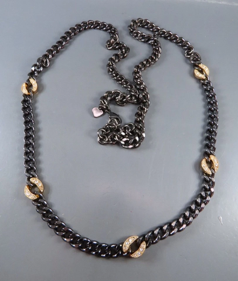 STELLA & DOT Hematite Link Necklace BLACK GUNMETAL CHAIN Gold & Crystal Stations - Image 1 of 4