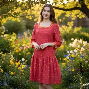 GUDRUN SJODEN buntes Kleid Baumwolle Seide Dropwaist Kaffeebohnen Print Blumen XS - Bild 1 von 10