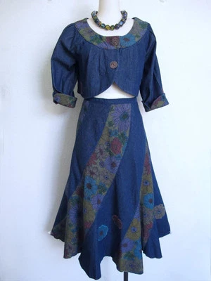 Vintage 80s Crop Jacket Skirt Set M Denim w Flower Applique Artsy Handmade OOAK - Image 1 of 4