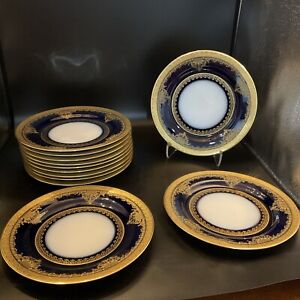 william guerin limoges France Intricate Gold And Cobalt Set 12 Dinner Plates 