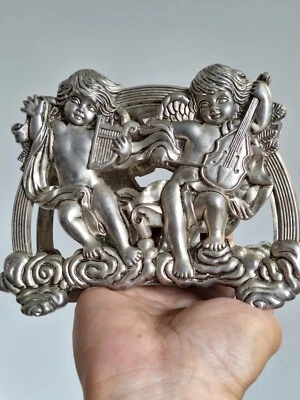 ¡ANTIGUO/DE COLECCIÓN!🔥SERVILLETA/PORTACARTAS QUERUBINES ART NOUVEAU PLATEADO~ Foto 1 de 4