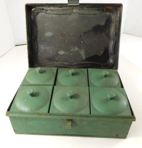 Early Primitive Green Toleware Tin Spice Box w/ 6 Square Hinged Canisters RARE - Picture 1 of 16