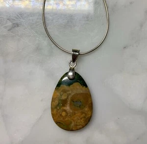 Rainforest Jasper Teardrop Stone Pendant Necklace 925 Sterling Silver 20” - Picture 1 of 7