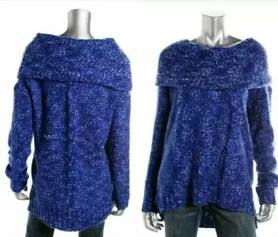 KENSIE Blue Cable Knit Cowl Neck On Off Shoulder Hi Low Tunic Sweater ~ S  M3020 - Image 1 of 4