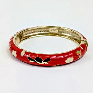 JTF Bangle Bracelet Enamel Cloisonne Style Hinged Clamp Gold-tone Red Flower - Picture 1 of 11