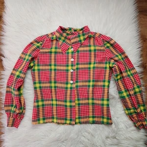 Vintage Girl's Multicolored Plaid Button Down Blouse 4/6 - Picture 1 of 3