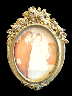 Antique Victorian Rose Gilt Brass Oval Picture Frame Floral Design Easel Stand - Image 1 of 4