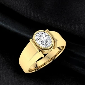 Mens 14K Yellow Gold Engagement Ring Band 0.70 Ct Oval Lab Grown Diamond 7.5 MM - Picture 1 of 9