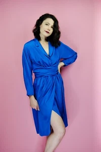 1970s 1980s Vintage Adele Simpson for Saks Electric Blue Faux Wrap Dress - S - Picture 1 of 21