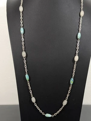 Collar de cadena larga con cuentas de barril de vidrio blanco esmerilado verde boho capas elegante 32" Foto 1 de 4