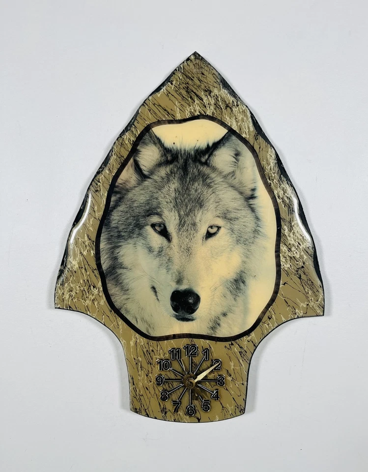Vintage Wolf Arrowhead Wall Clock Rustic Cabin Decor Wildlife Made in USA VTG - Image 1 of 4