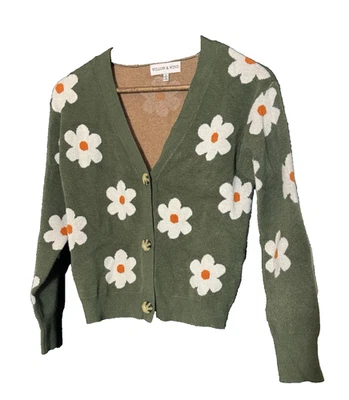 Willow & Wind Daisy Cardigan Sweater S Green Novelty Whimsy Artsy Hippie Boho - Image 1 of 4