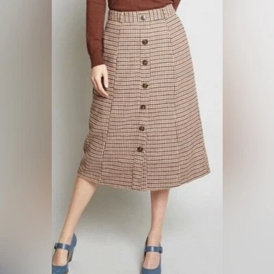 Modcloth Brown Houndstooth Button Front Wool Blend A-Line Midi Skirt - Image 1 of 4