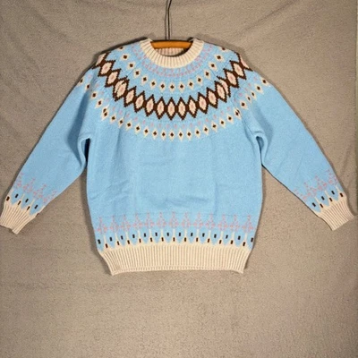Suéter Fair Isle Mujer Talla L Azul Claro Crema Marrón Rosa Tejido Pullover Acogedor Foto 1 de 4