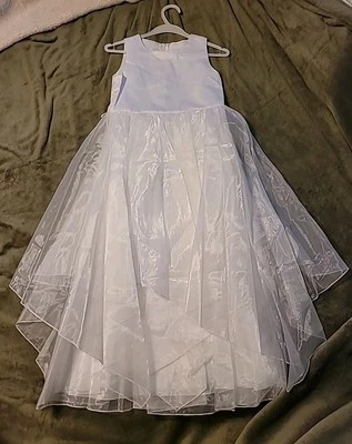 White Satin Chiffon Tulle Mini Bride Flower Girl Dress sz 12 w/Navy Blue Sash - Image 1 of 4