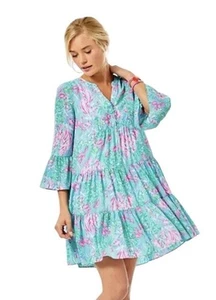 Lilly Pulitzer Gabriel Dress Amalfi Blue Best Fishes Size 10 Blue/ Pink V Neck - Picture 1 of 13