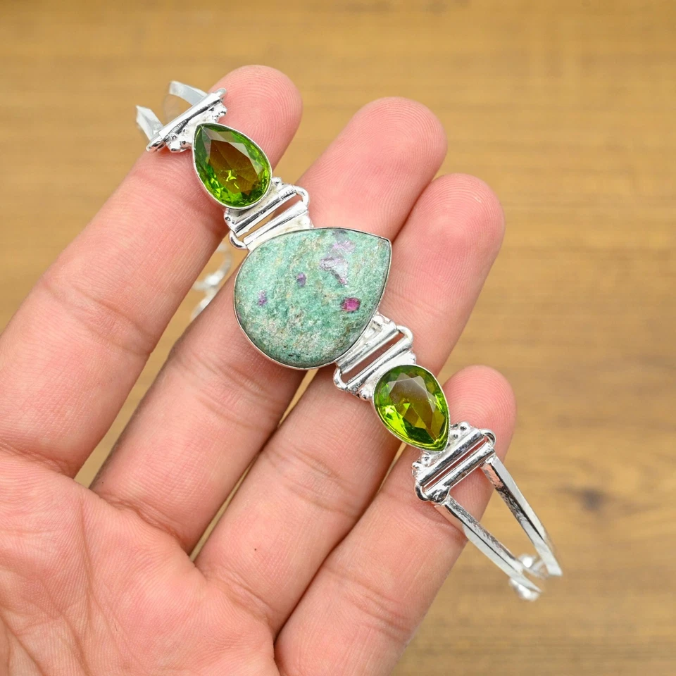 Ruby Fuchsite Peridot Bracelet 925 Sterling Silver Natural Handmade Bracelet - Image 1 of 4