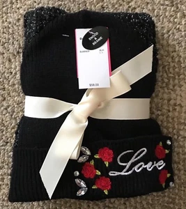 Women's or Girls Betsey Johnson Knit Snood & Beanie Black Scarf Hat Set Love - Picture 1 of 3