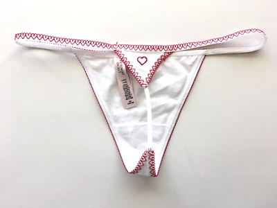 Victoria's Secret - M Heart Trim Cotton V-String Panty - White Red Medium Thong - Image 1 of 4