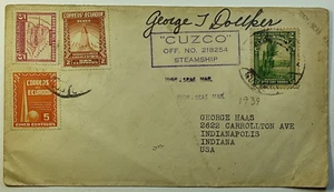 1939 Ecuador Cuzco Steamship High Seas Mail Airmail Cover to Indianapolis IN - Picture 1 of 2
