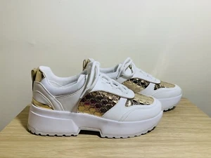 Michael Kors MK print lace up platform sneaker shoes white gold NWOB size 8 - Imagen 1 de 5