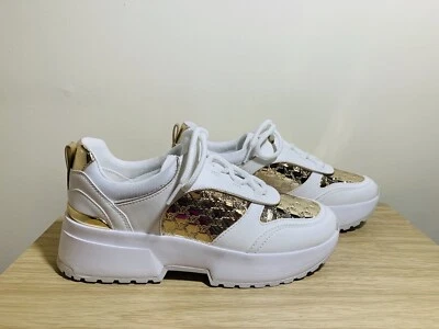 Michael Kors MK print lace up platform sneaker shoes white gold NWOB size 8 - Image 1 of 4