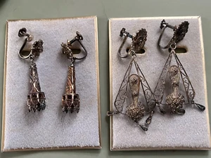 2 pairs Portuguese Sterling Silver filigree earrings chandelier dangle antique - Picture 1 of 3