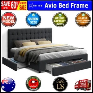 Artiss Bed Frame Queen Size Base Mattress With Storage Drawer Fabric Charcoal - Picture 1 of 11