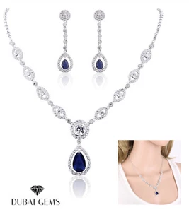 White gold finish pear cut blue sapphire and created diamond necklace earrings  - Picture 1 of 10