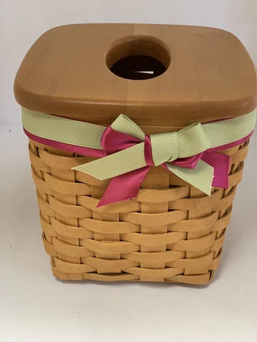LONGABERGER BASKETS WOODCRAFTS TISSUE BOX  Green and Pink Ribbon 4100 Cover