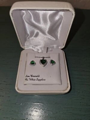 New Sterling Silver W/Simulated Emerald & Lab Created White Sapphire Jewelry Set - Image 1 of 4