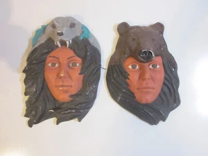 2 VINTAGE Plaster Native American Indian Head Wall HangingS BEAR & WOLF - Picture 1 of 4
