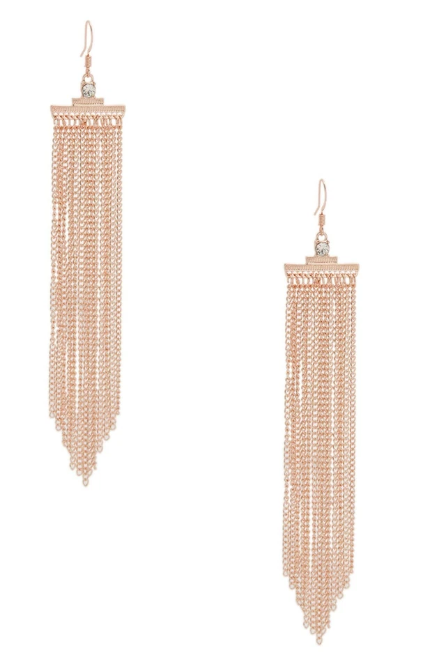 NEW GUESS ROSE GOLD TONE,RHINESTONE,LINEAR FRINGE CHAIN HOOK LONG EARRINGS - Image 1 of 1