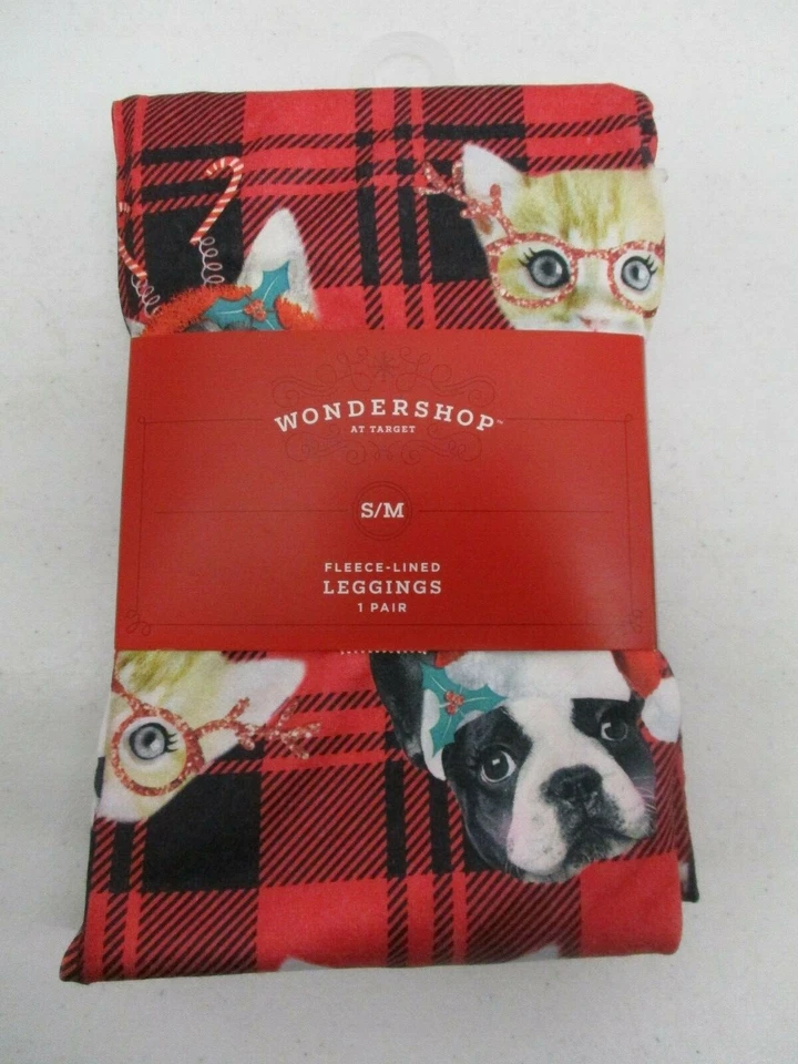 S/M wondershop Red Fleece lined holiday Leggings cat dog Christmas