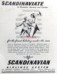 'S.A.S.' Scandinavian Airlines Vintage ANZEIGE: Kleiner 50er Jahre Druck 670/144 - Bild 1 von 1