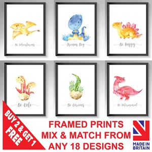 Dinosaur Nursery Framed Prints Set Baby Kids Room Dinosaurs Pictures Wall Art - Picture 1 of 19