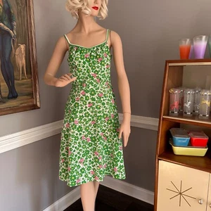 Vintage Caroly of Miami Pink Frogs on Green Floral Swim Sun Dress Full Skirt M/L - Picture 1 of 9