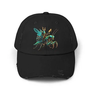 Unisex Distressed Hat Steampunk Neon Viking Riding an Armored Praying Mantis Cap - Picture 1 of 17